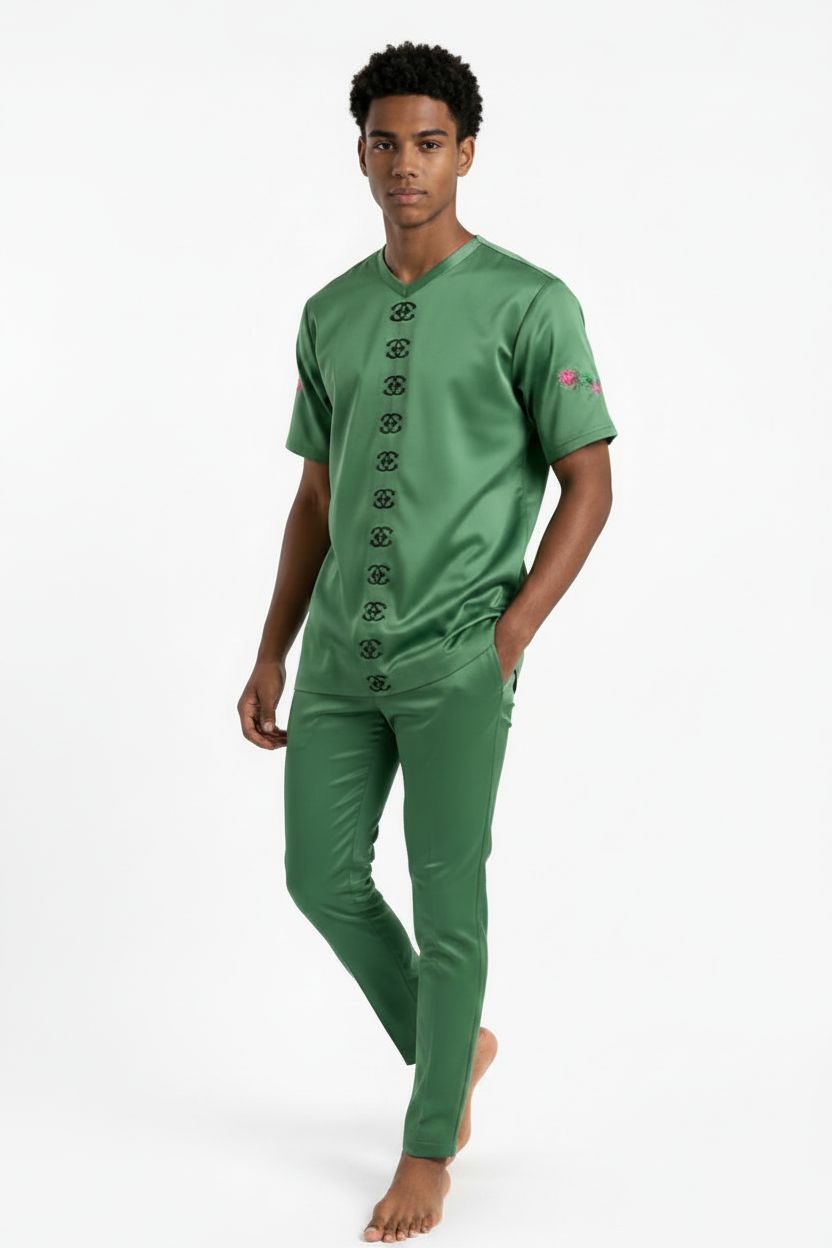 Green Silk V-neck T-shirt